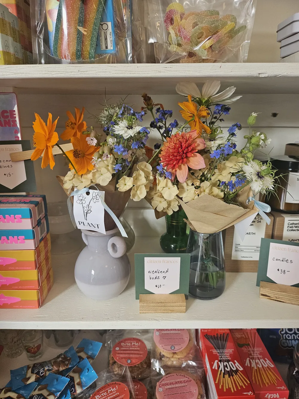 Fresh flowers and treats on the shelves